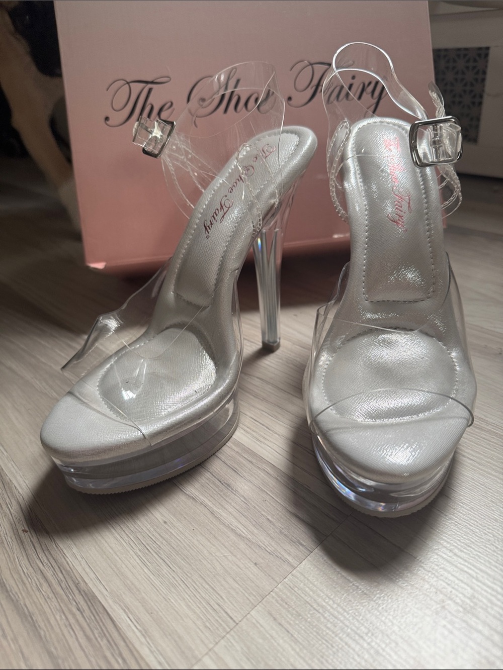 The Shoe Fairy Clear Platform Stiletto Heels in Silver
